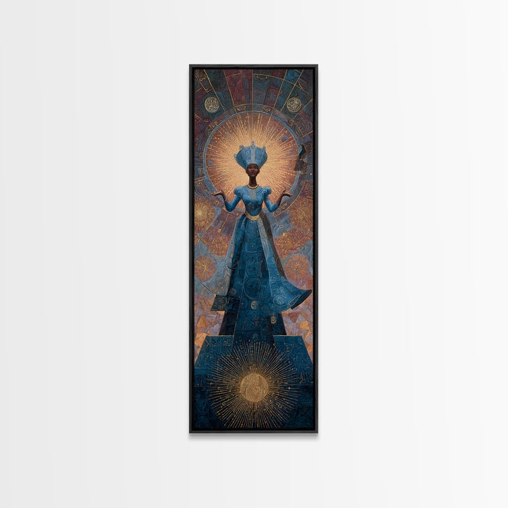 Blue African Goddess With Crown And Radiant Halo Framed Canvas Print, Black Queen Portrait, Afrocentric Luxury Wall Decor