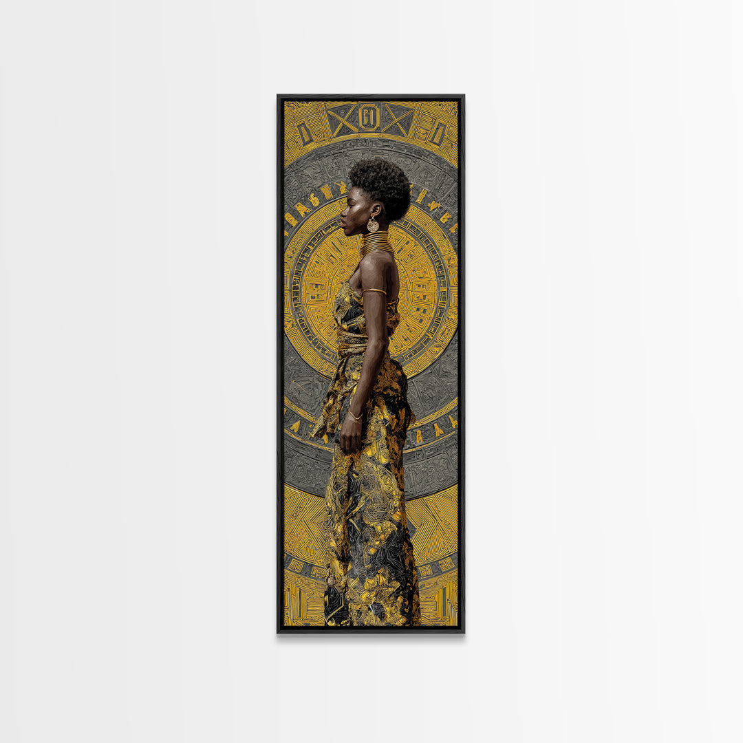 Elegant Black Woman In Gold Dress Canvas Print, African Portrait Wall Art, Afrocentric Fashion Decor, Modern Cultural Gift