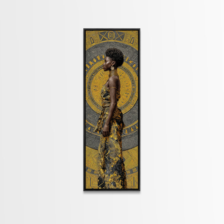 Elegant Black Woman In Gold Dress Canvas Print, African Portrait Wall Art, Afrocentric Fashion Decor, Modern Cultural Gift