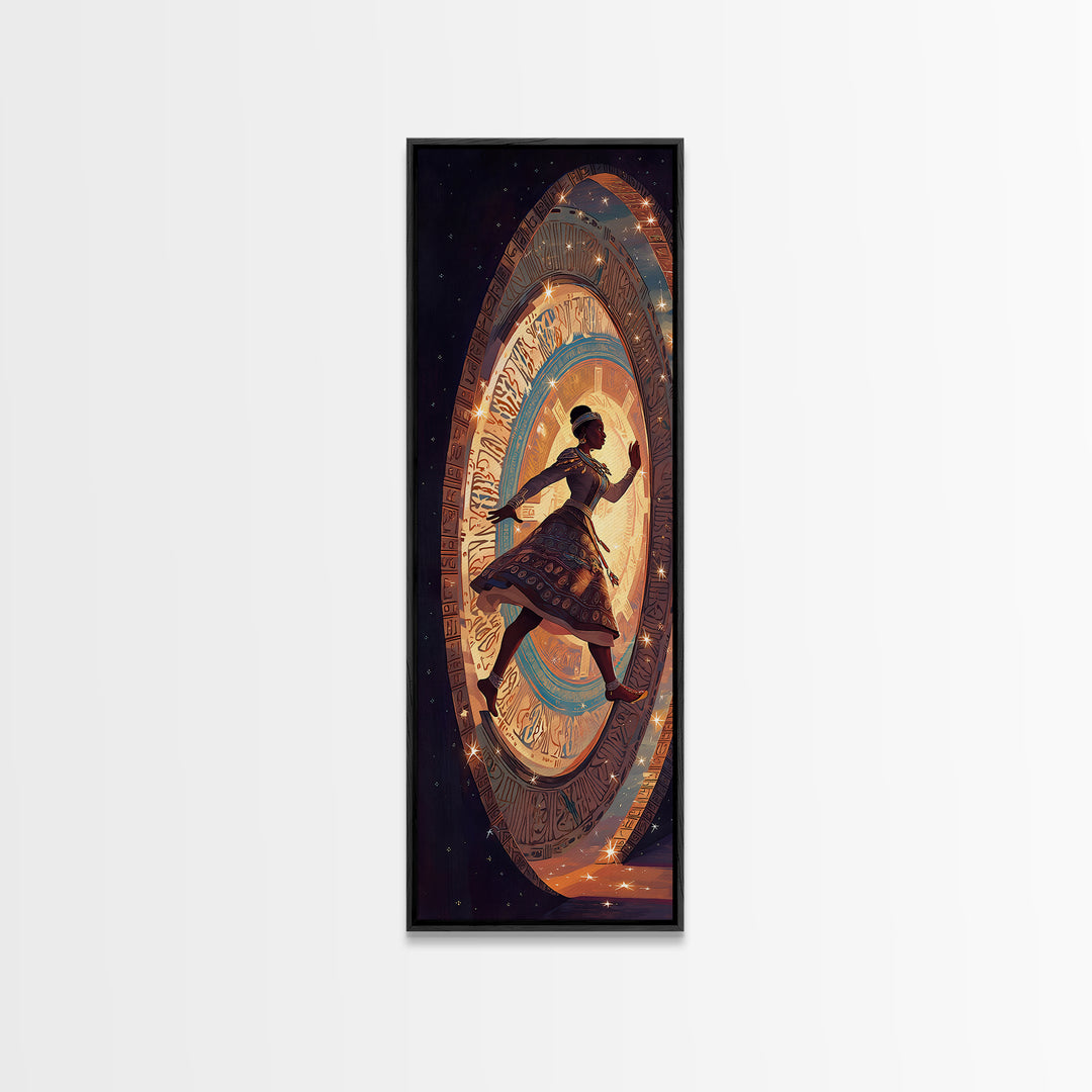 Afro Girl Running Through Cosmic Portal Wall Art, African Inspired Fantasy Scene, Black Girl Magic Decor, Dreamy Canvas Gift