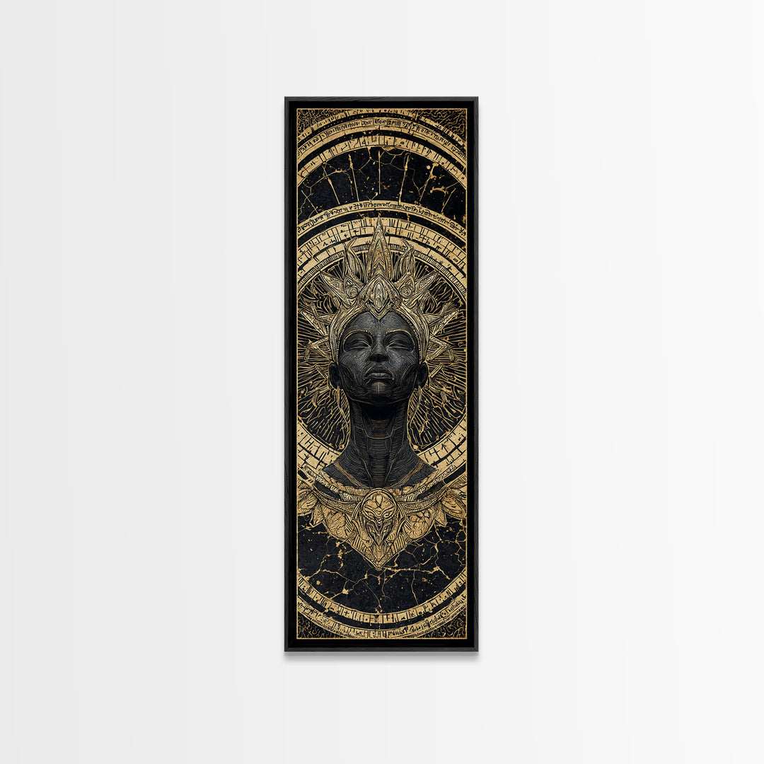 Ancient Black Queen With Golden Crown Framed Canvas Print, African Mask Inspired Portrait, Afrocentric Luxury Wall Decor
