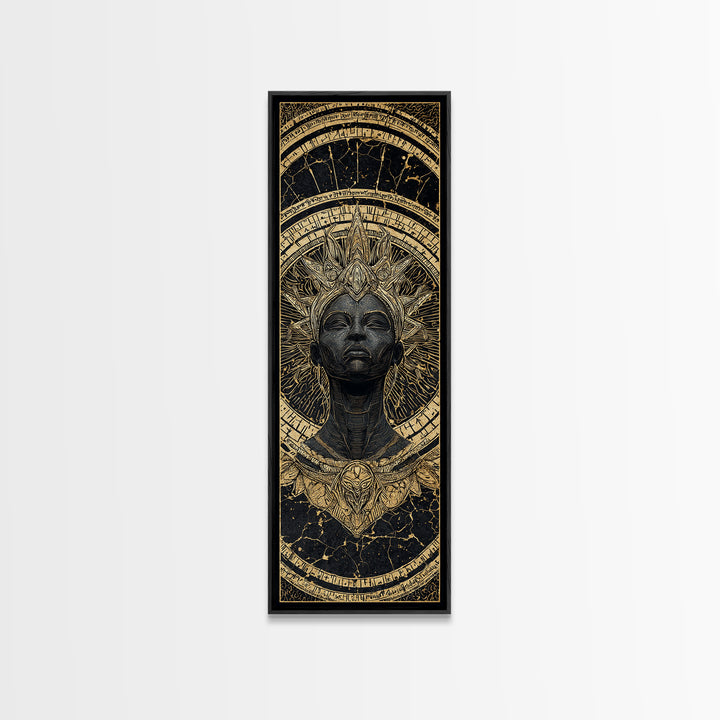 Ancient Black Queen With Golden Crown Framed Canvas Print, African Mask Inspired Portrait, Afrocentric Luxury Wall Decor