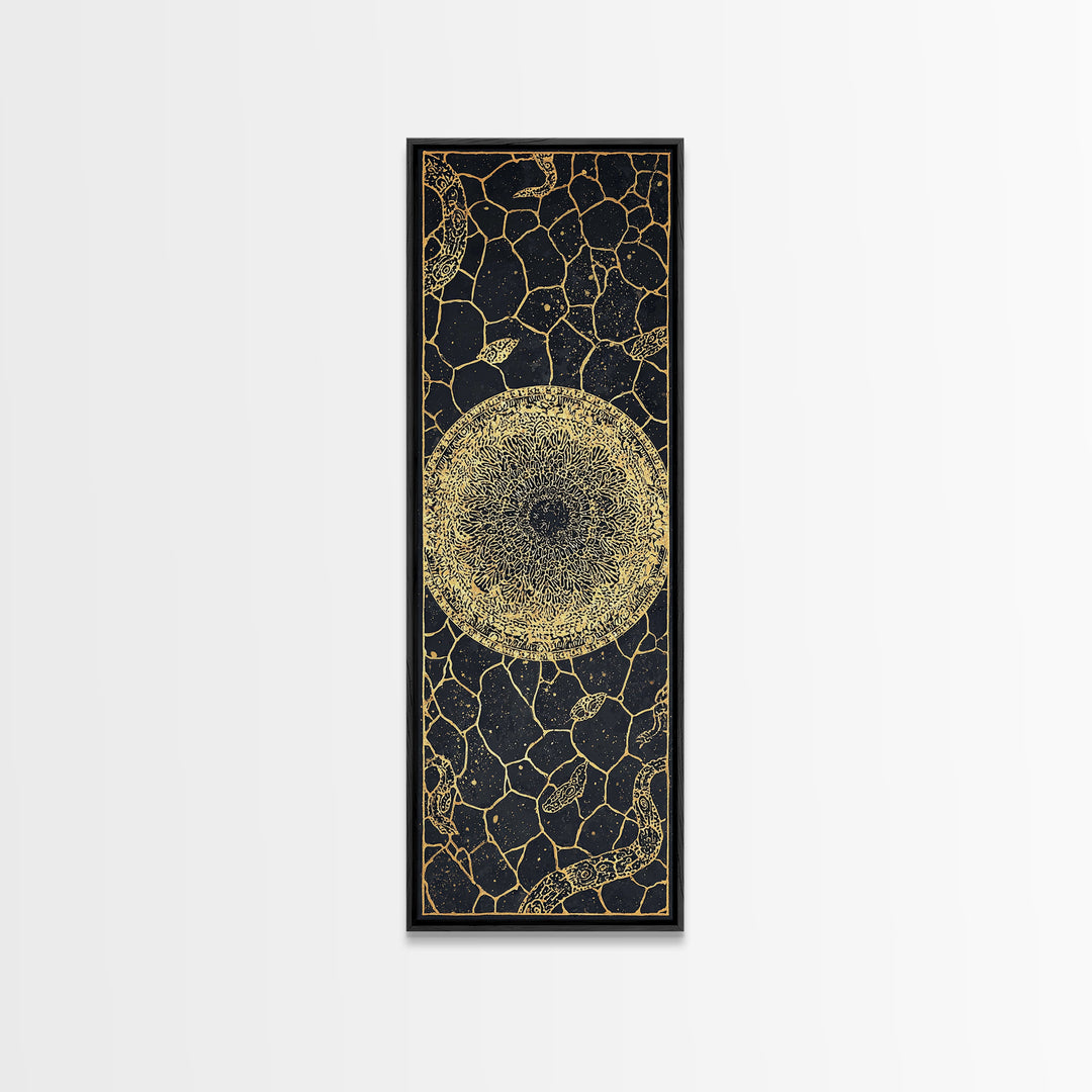 Golden Celestial Sun Orb On Black Stone Wall Art, African Abstract Pattern, Spiritual Minimalist Decor, Luxury Canvas Gift