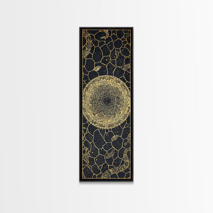 Golden Celestial Sun Orb On Black Stone Wall Art, African Abstract Pattern, Spiritual Minimalist Decor, Luxury Canvas Gift