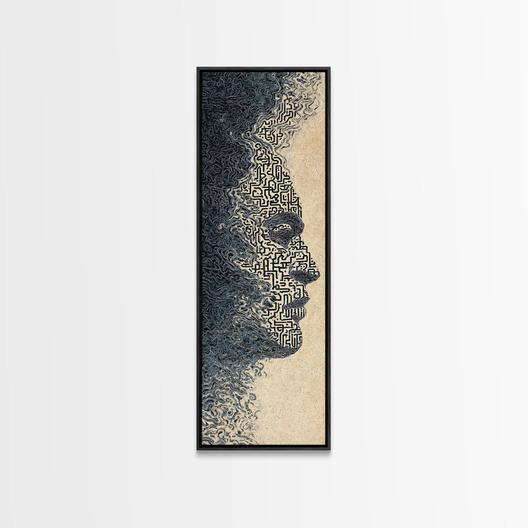 Black Woman Profile With Maze Texture Canvas Print, Minimalist Afrocentric Wall Art, Abstract Face Art, Melanin Decor Gift