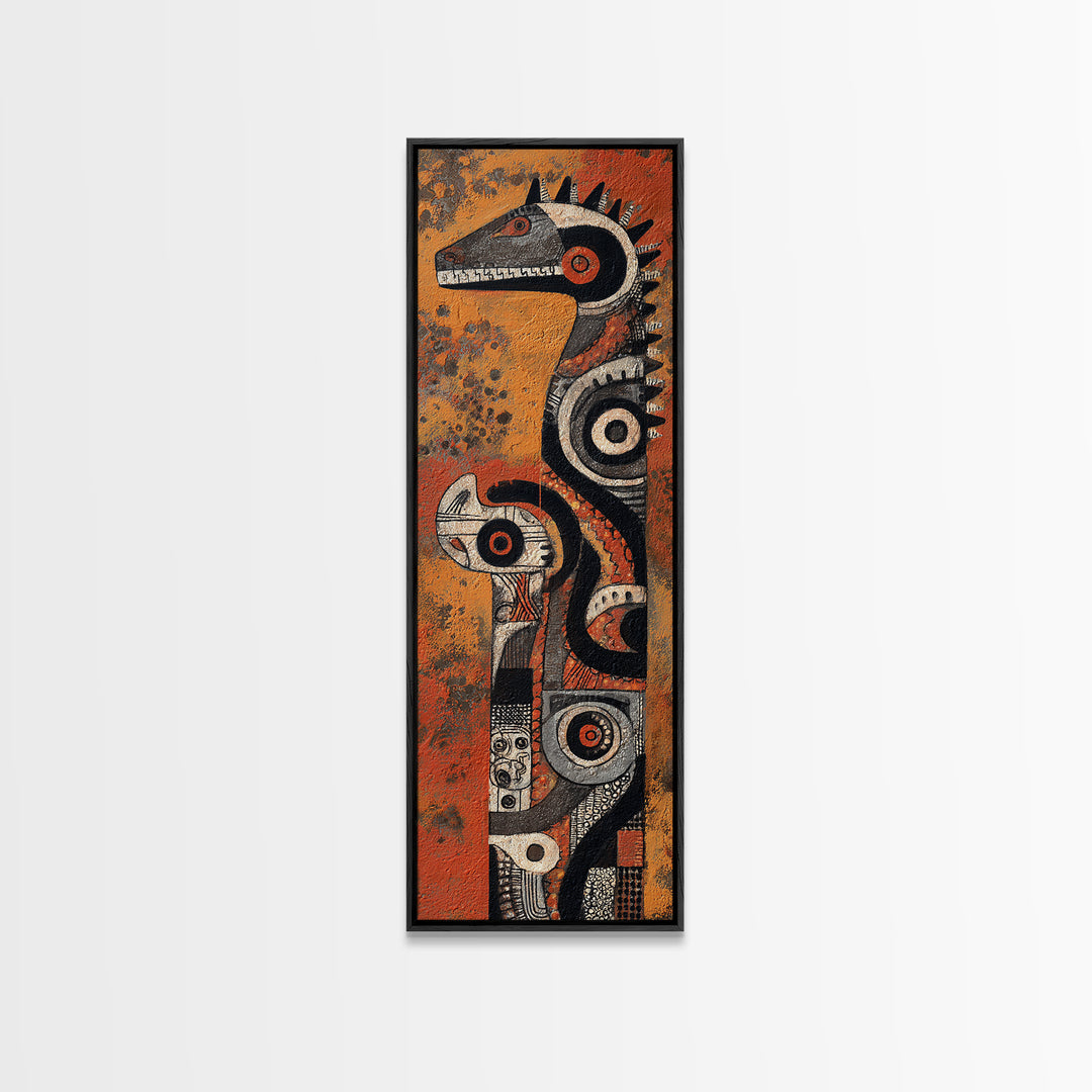 Textured African Totem Horse Framed Canvas Print, Tribal Mask Wall Art, Orange Black Decor, Cultural Statement Artwork Gift