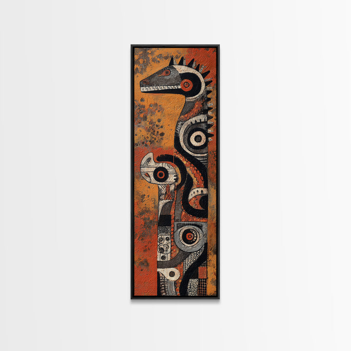 Textured African Totem Horse Framed Canvas Print, Tribal Mask Wall Art, Orange Black Decor, Cultural Statement Artwork Gift