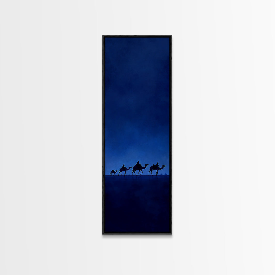 Minimal Blue Camel Caravan Wall Art, African Desert Landscape Print, Safari Decor, Boho Travel Canvas For Calm Living Room