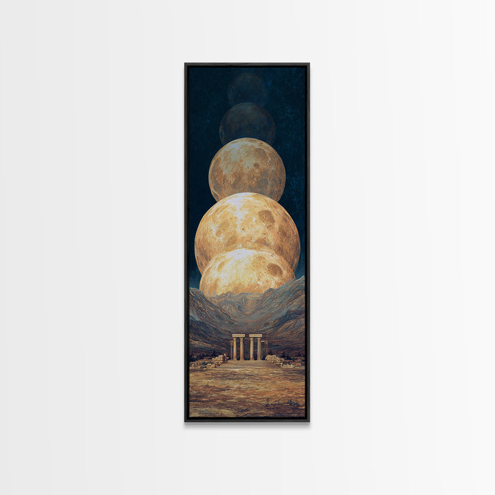 Stacked Golden Moons Over Desert Temple Wall Art, African Inspired Celestial Landscape, Luxury Canvas Decor, Mystical Home Gift
