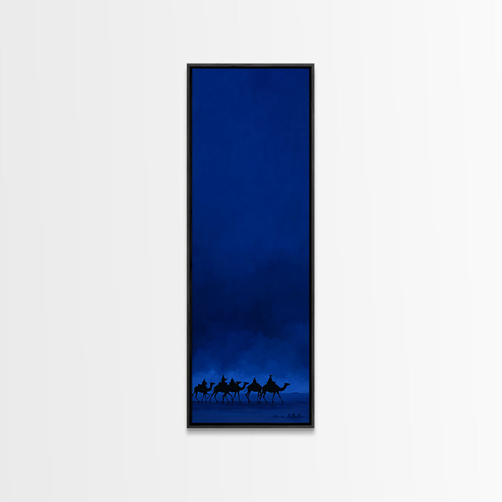 Midnight Blue Camel Caravan Wall Art, African Desert Landscape Print, Minimal Safari Decor, Large Canvas For Modern Home