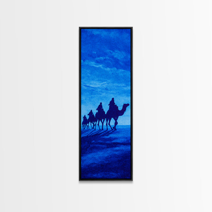 Bright Blue Camel Caravan Canvas Print, African Travel Wall Art, Sahara Desert Decor, Minimal Safari Artwork For Serene Home