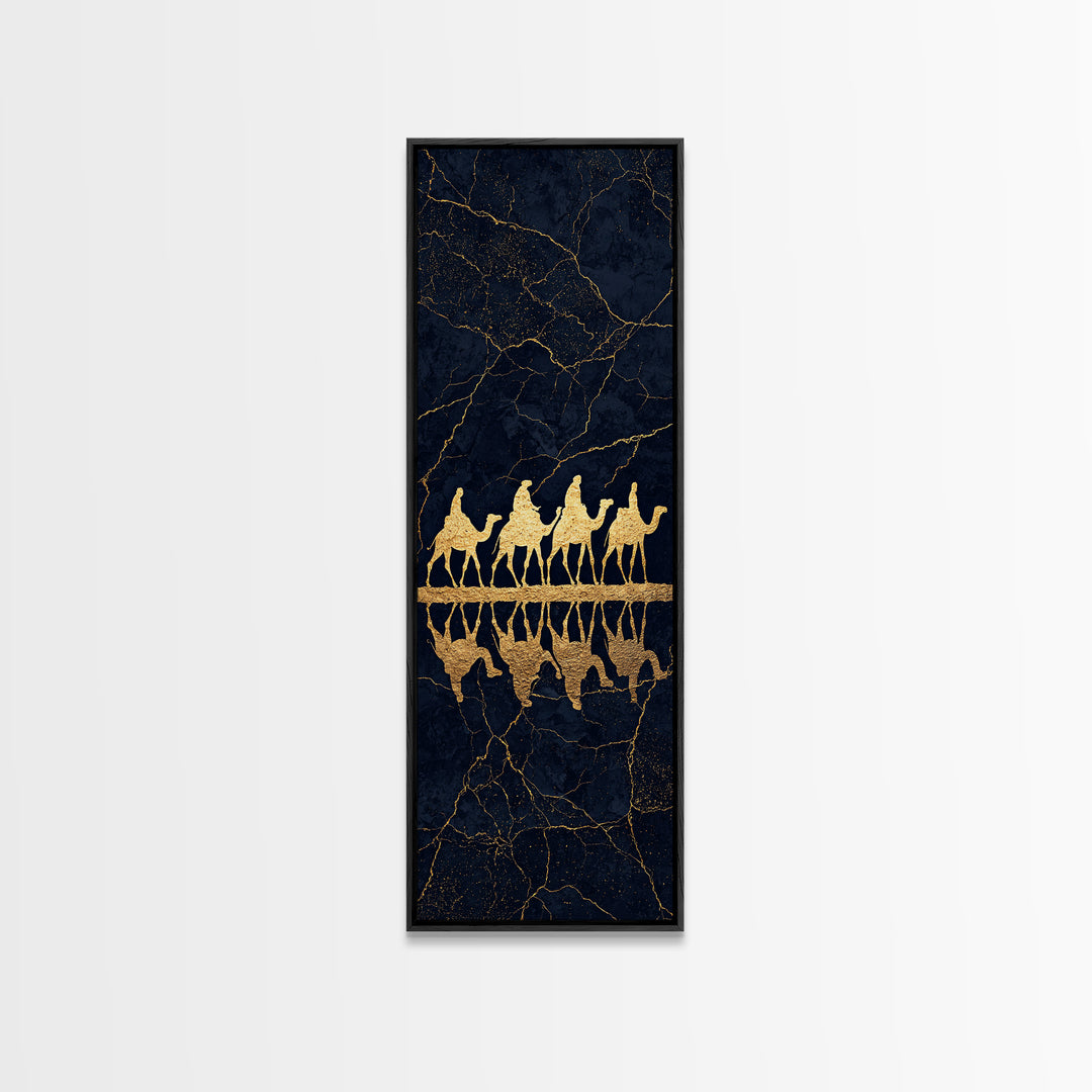 Gold Camel Caravan Framed Canvas Print, Black Marble African Safari Art, Luxury Wall Decor, Boho Desert Travel Artwork Gift