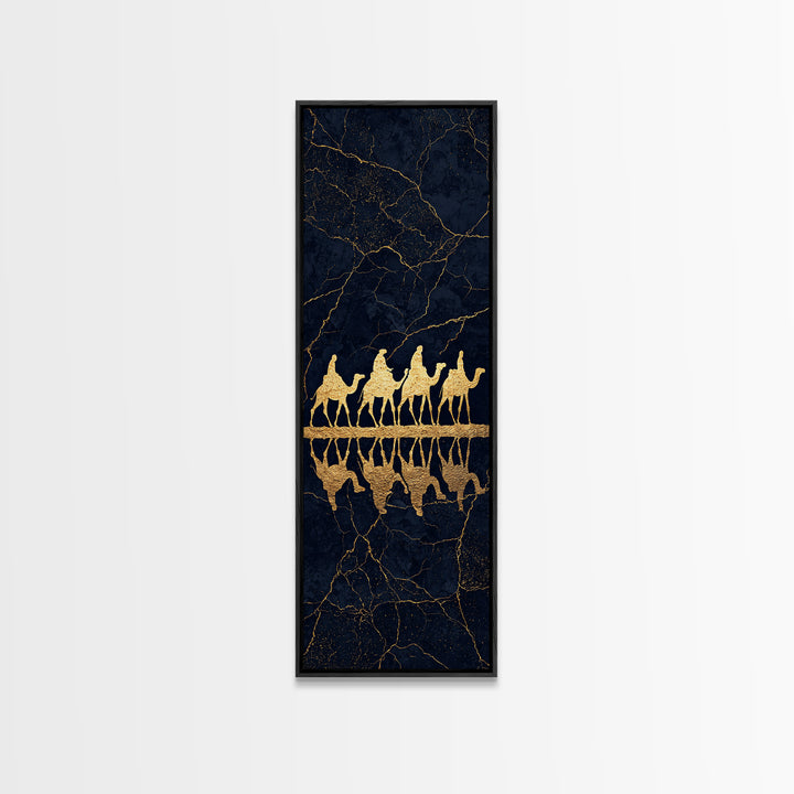 Gold Camel Caravan Framed Canvas Print, Black Marble African Safari Art, Luxury Wall Decor, Boho Desert Travel Artwork Gift