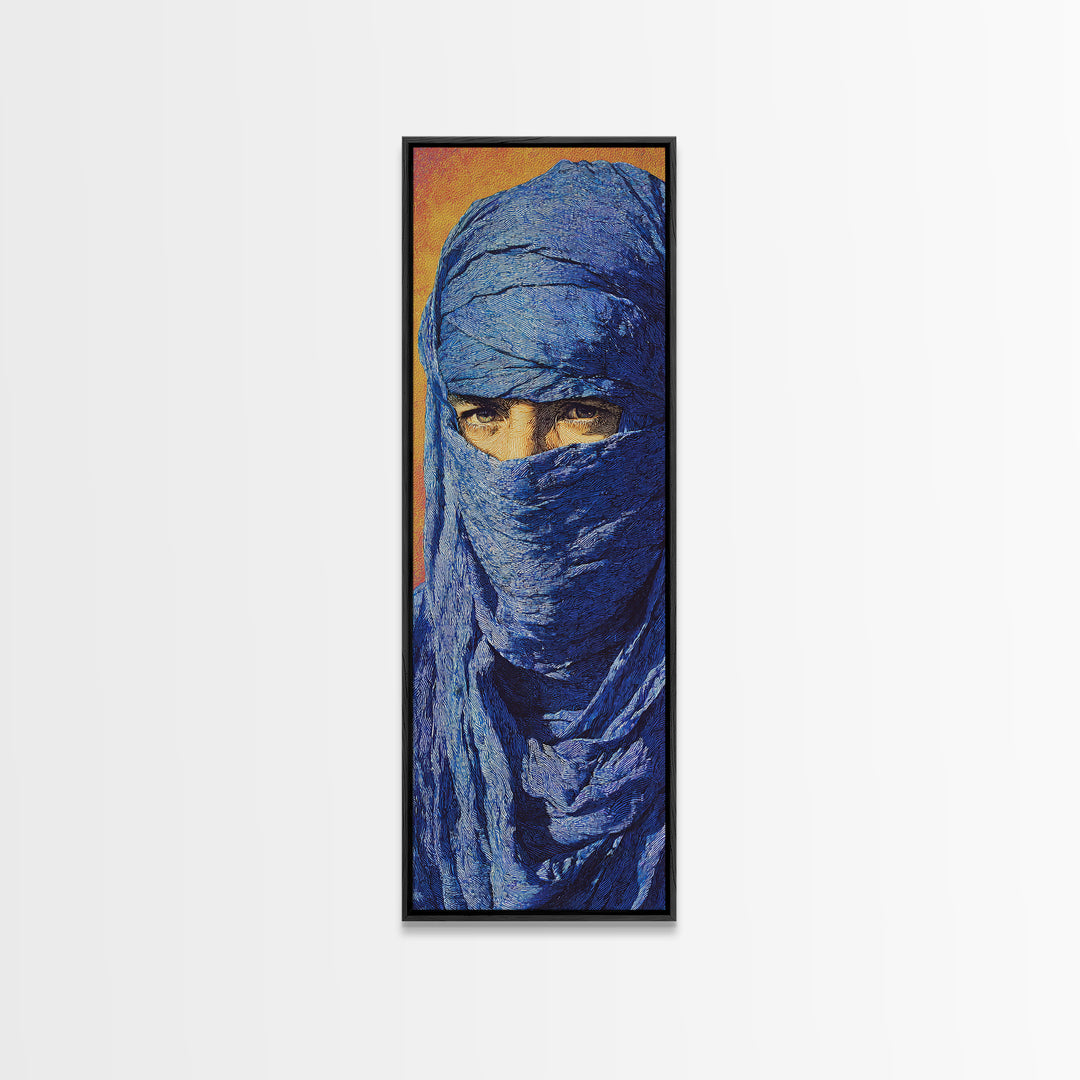 Blue Veiled Desert Man Wall Art, African Portrait Canvas Print, Tuareg Nomad Artwork, Bold Orange Cultural Home Decor Gift