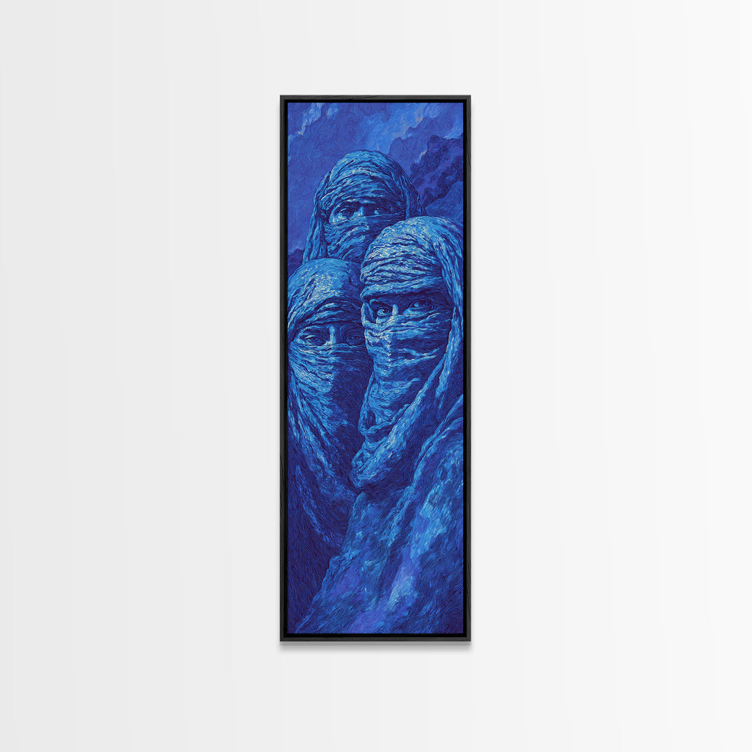 Mystic Blue Veiled Trio Canvas Print, Abstract African Portrait Wall Art, Tuareg Nomad Decor, Spiritual Indigo Artwork Gift