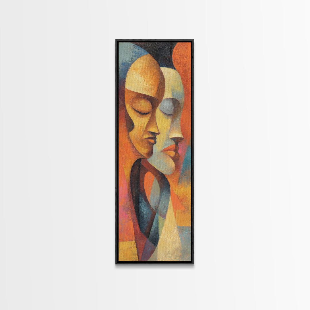 Abstract African Couple Faces In Warm Orange Tones Wall Art, Afrocentric Portrait Canvas, Black Culture Home Decor Gift Idea