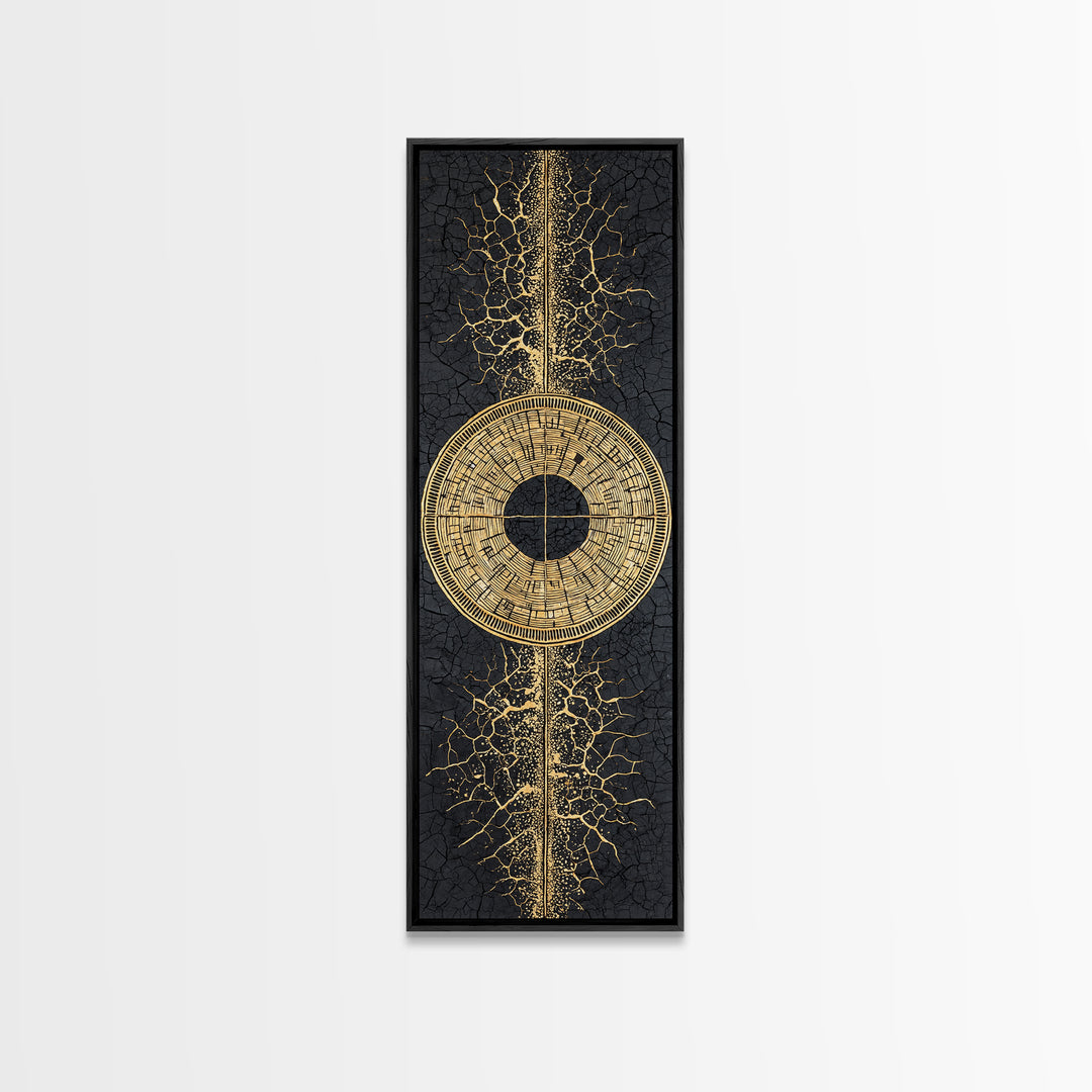 Gold Tribal Sun Disc On Cracked Black Texture Wall Art, African Abstract Decor, Modern Afrocentric Canvas, Statement Home Decor