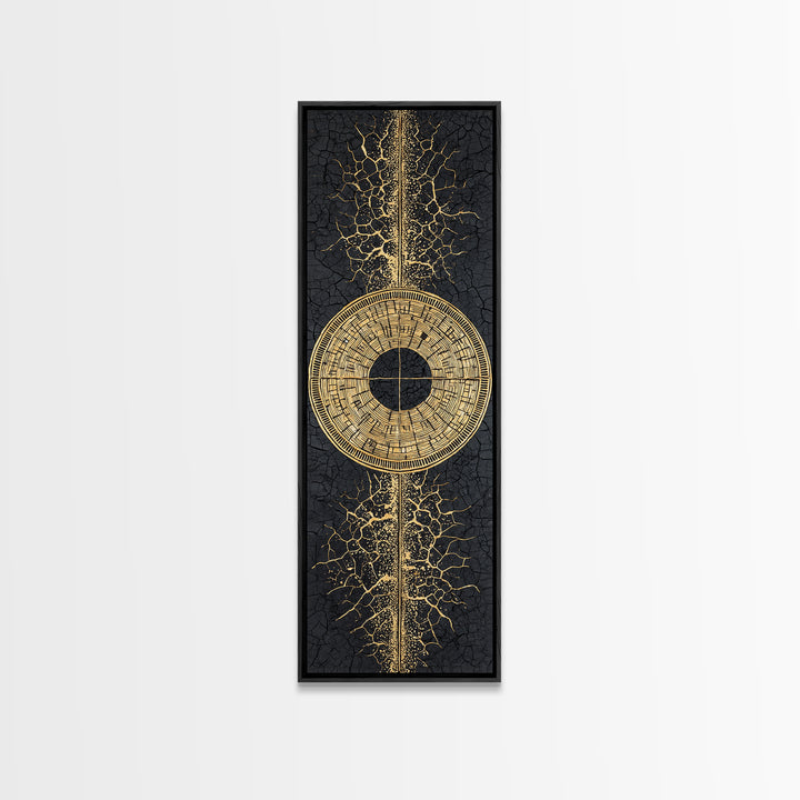 Gold Tribal Sun Disc On Cracked Black Texture Wall Art, African Abstract Decor, Modern Afrocentric Canvas, Statement Home Decor