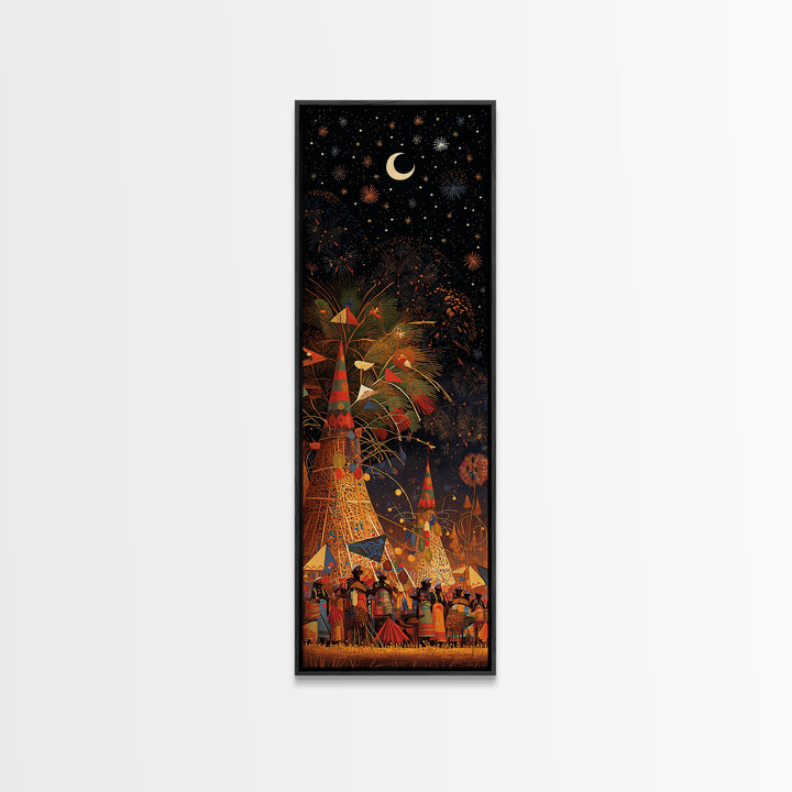 Starry African Village Night Wall Art, Crescent Moon Festival Scene, Afrocentric Decor, Mystical Cultural Canvas Print Gift