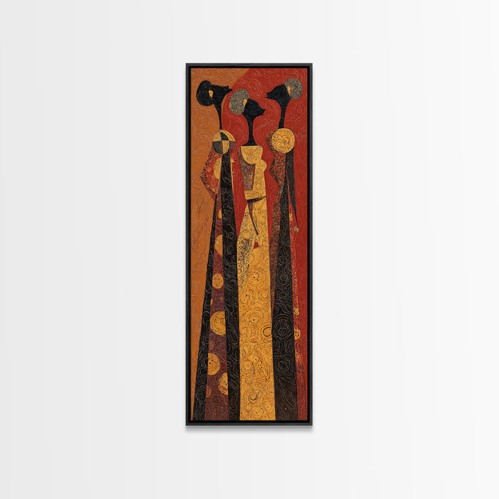 Stylized African Women In Tall Robes Framed Canvas Print, Tribal Queen Wall Art, Ankara Pattern Afrocentric Home Decor Gift