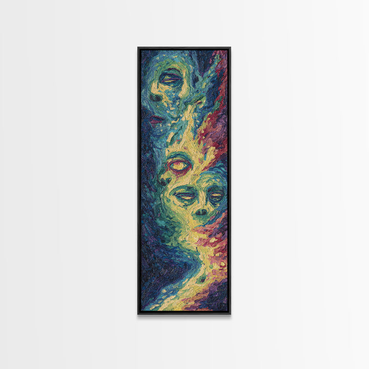 Floating Abstract Faces In Blue And Gold Canvas Print, Modern African Art, Dreamy Wall Art, Spiritual Home Decor Gift For Her