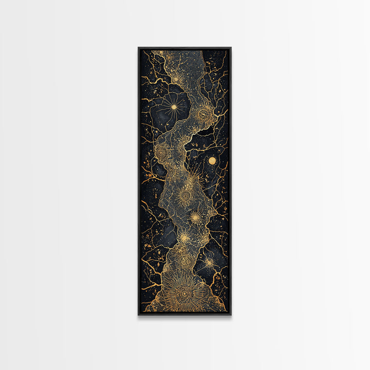Gold Celestial African Woman Figure On Black Map Lines, Wall Art, Abstract African Art Print, Luxury Canvas Decor Gift For Her