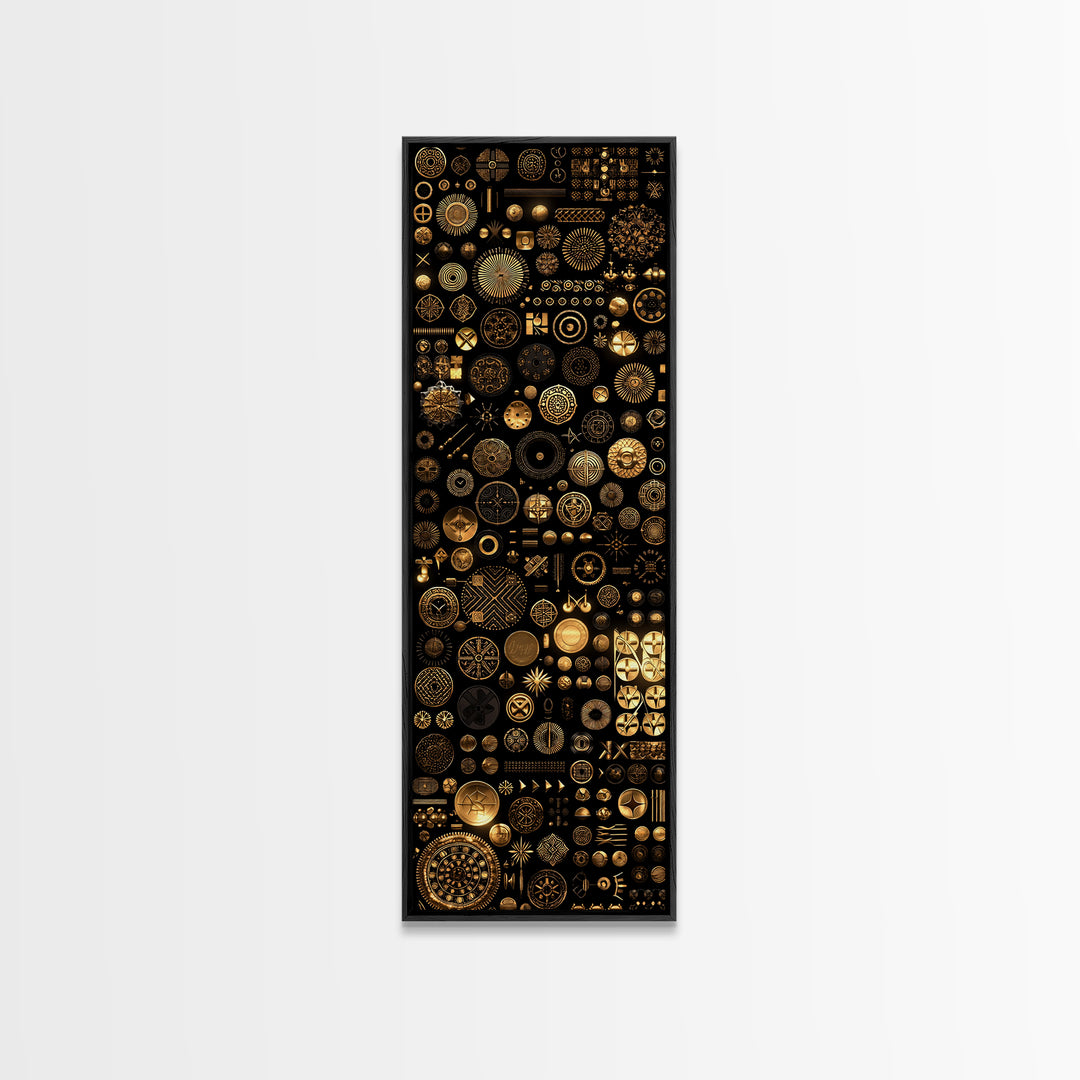 Gold African Symbol Collage On Black Wall Art, Geometric Tribal Decor, Afrocentric Patterns, Modern Canvas Print Unique Gift