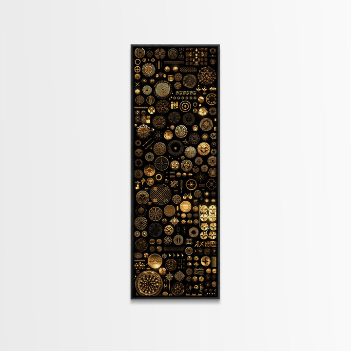 Gold African Symbol Collage On Black Wall Art, Geometric Tribal Decor, Afrocentric Patterns, Modern Canvas Print Unique Gift