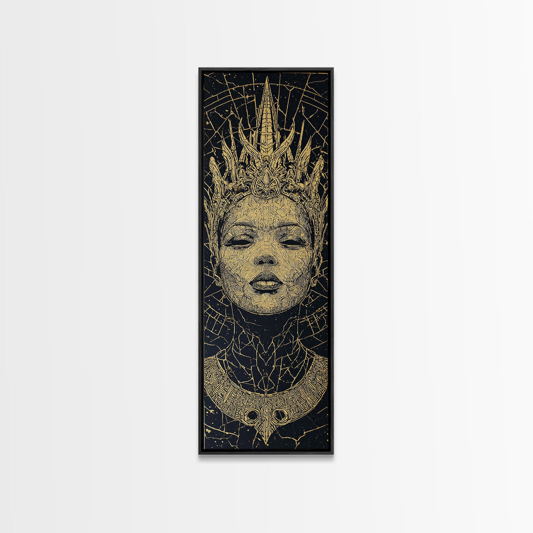 Golden Crowned African Queen Portrait Wall Art, Black Woman Canvas, Afrocentric Decor, Tribal Goddess, Luxury Home Decor