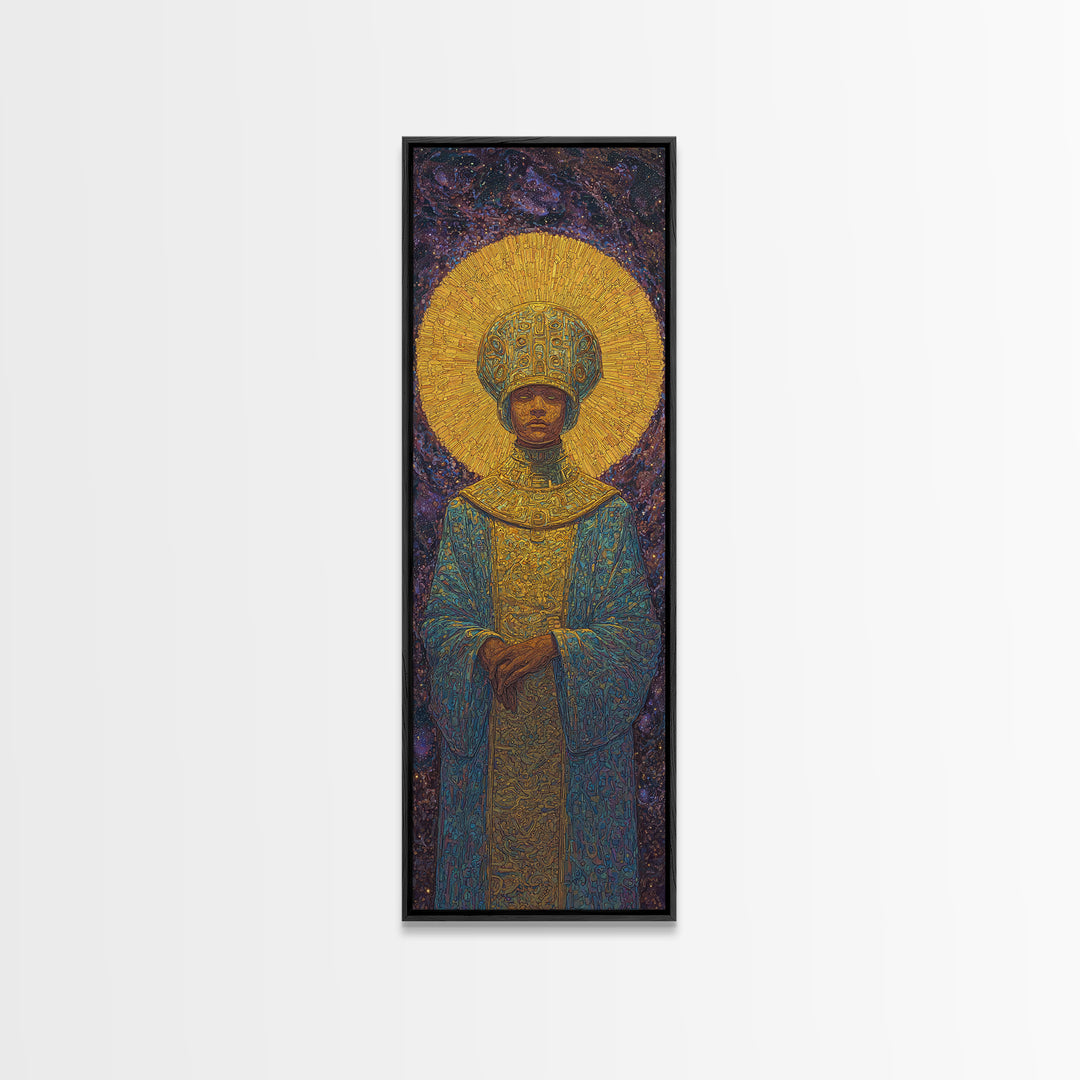 Golden Halo African Monarch Framed Canvas Print, Royal Black Art, Afrocentric Wall Decor, Spiritual Portrait, Statement Art