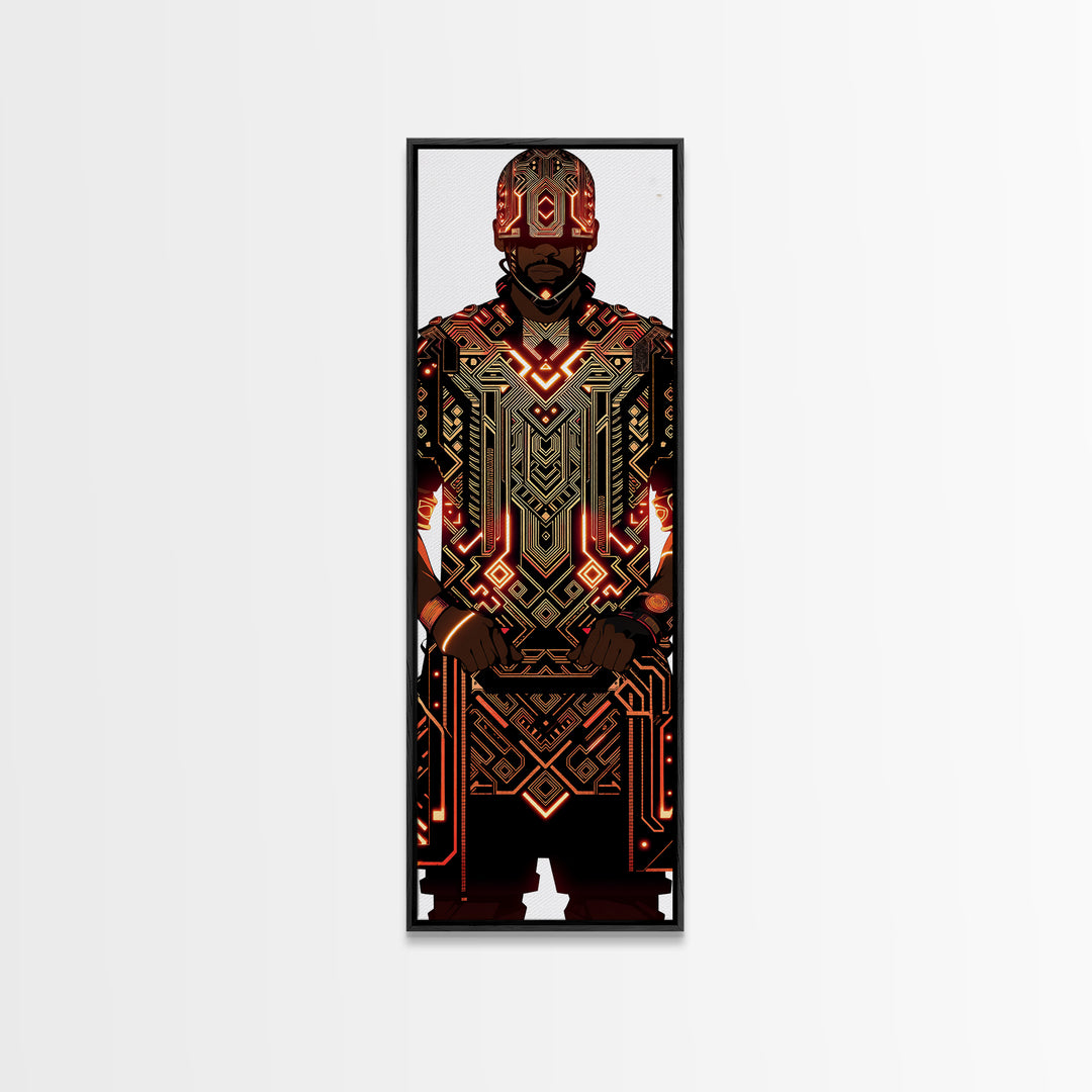 Futuristic African Warrior In Glowing Armor Canvas Print, Afrofuturism Decor, Tribal Art, Black Man Portrait, Bold Wall Decor