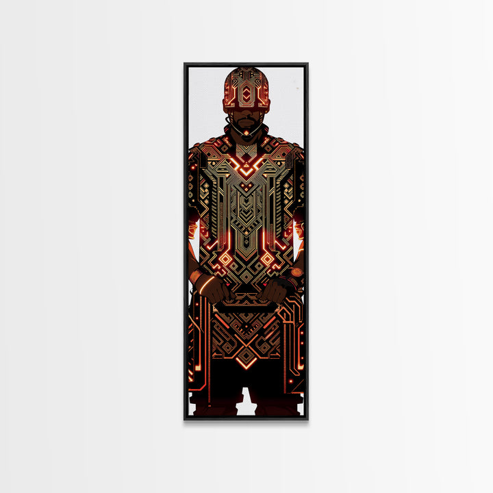 Futuristic African Warrior In Glowing Armor Canvas Print, Afrofuturism Decor, Tribal Art, Black Man Portrait, Bold Wall Decor