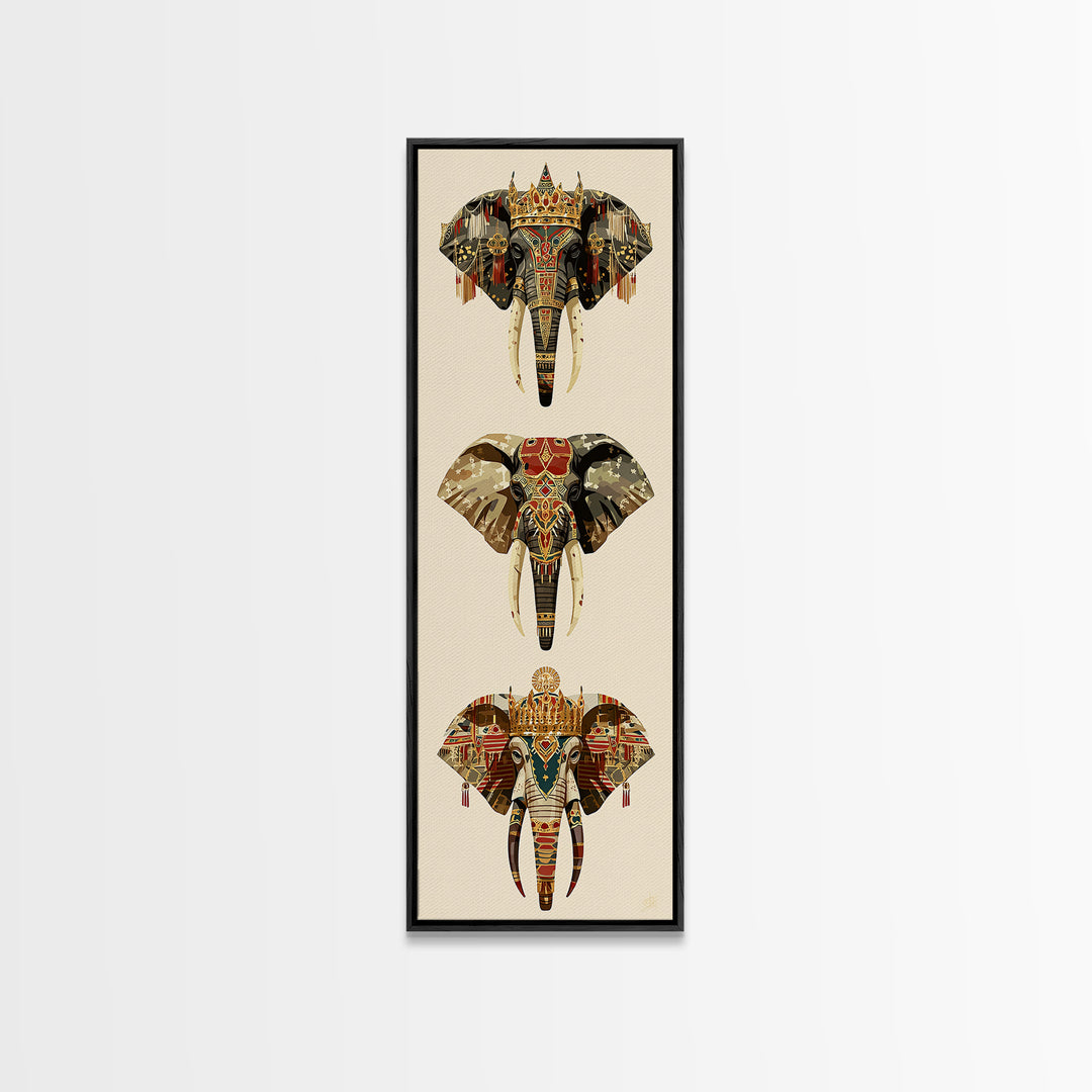 Jeweled African Elephant Trio Canvas Print, Regal Safari Wall Decor, Tribal Animal Art, Crowned Elephant, Boho Home Decor