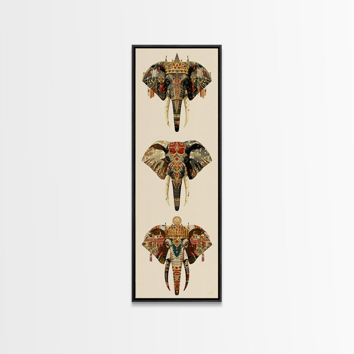 Jeweled African Elephant Trio Canvas Print, Regal Safari Wall Decor, Tribal Animal Art, Crowned Elephant, Boho Home Decor