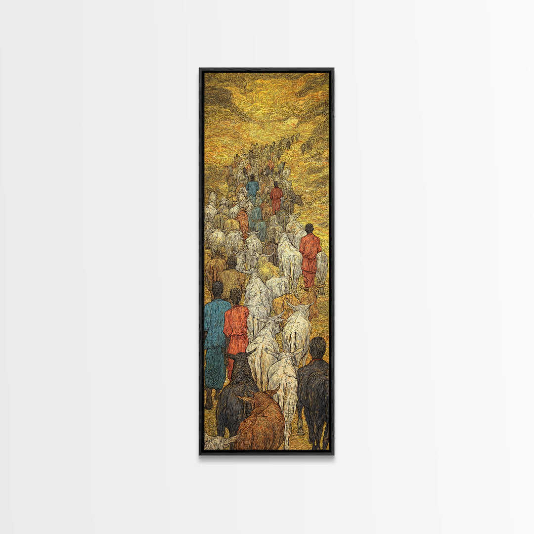 Golden African Cattle Caravan Wall Art, Textured Migration Scene, Safari Culture Decor, Pastoral Landscape, Earth Tone Print