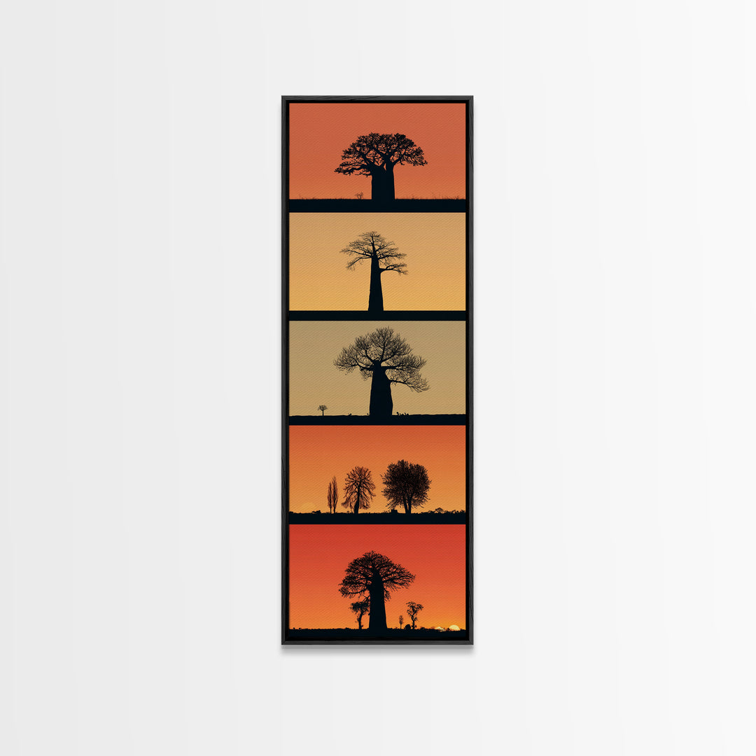 Minimal Baobab Horizon Panels, African Wall Art, Sunset Tree Silhouette, Modern Safari Decor, Vertical Framed Canvas Print