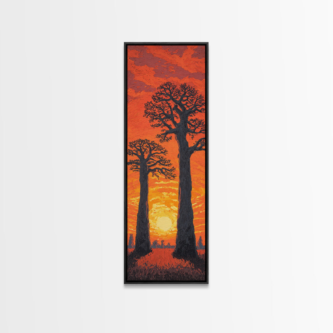 Twin Baobab Trees At Fiery Sunset, African Wall Art, Safari Landscape, Orange Motherland Decor, Framed Canvas Print Gift