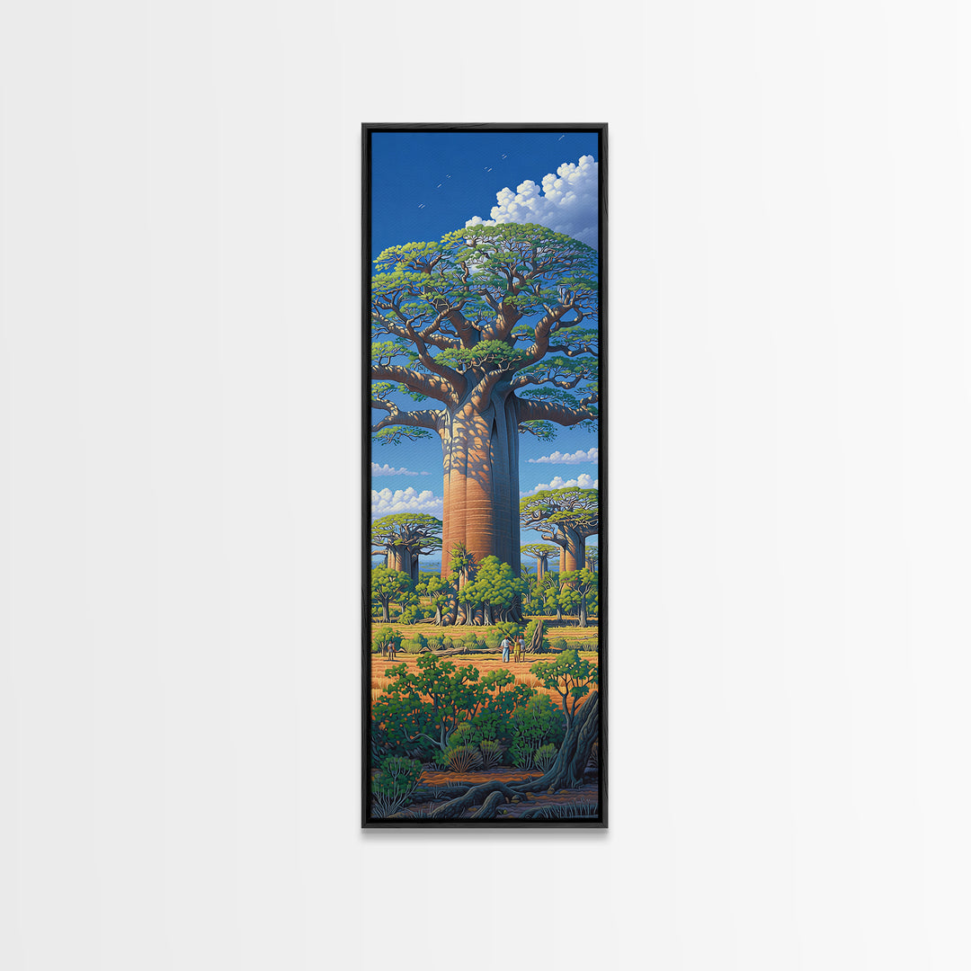 Lush Baobab Village Landscape, African Wall Art, Blue Sky Safari Decor, Madagascar Tree Scene, Premium Canvas Print Gift