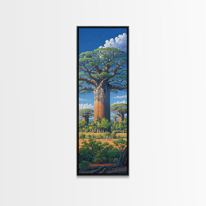 Lush Baobab Village Landscape, African Wall Art, Blue Sky Safari Decor, Madagascar Tree Scene, Premium Canvas Print Gift