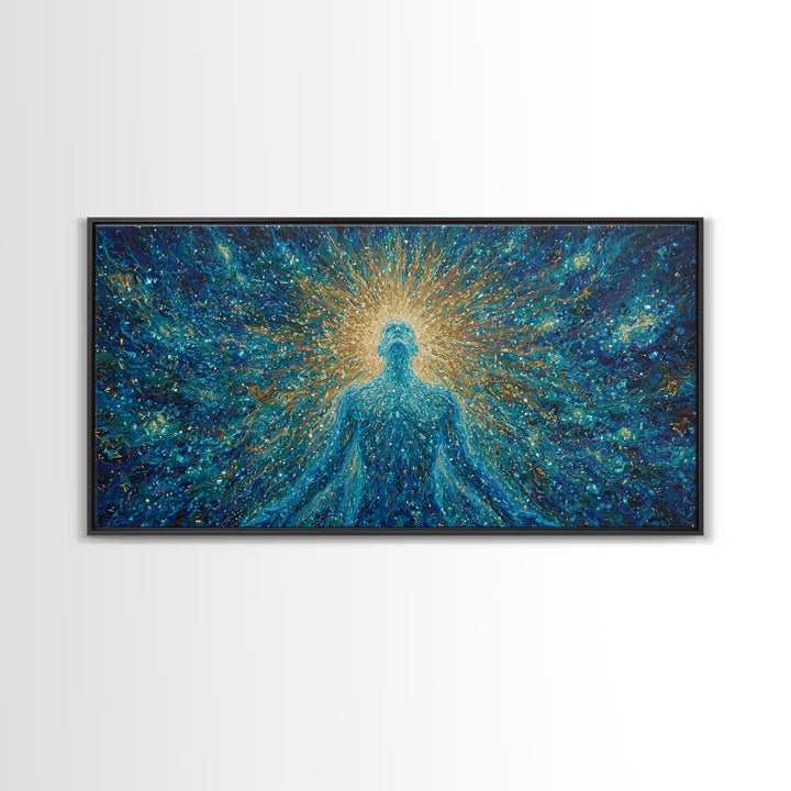 Glowing Spirit Figure In Cosmic Blue Framed Canvas Print, Spiritual Wall Art, Afrocentric Decor, Mystical Abstract Art, Meditation Decor