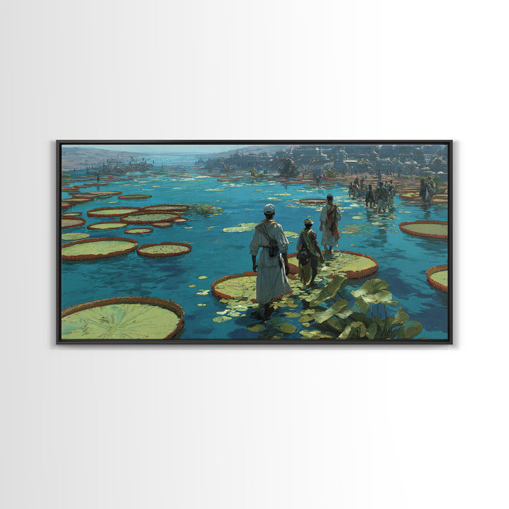 Figures Crossing Giant Lily Pads Canvas Print, African Landscape Wall Decor, Surreal Nature Scene Art, Blue Wetland Home Decor