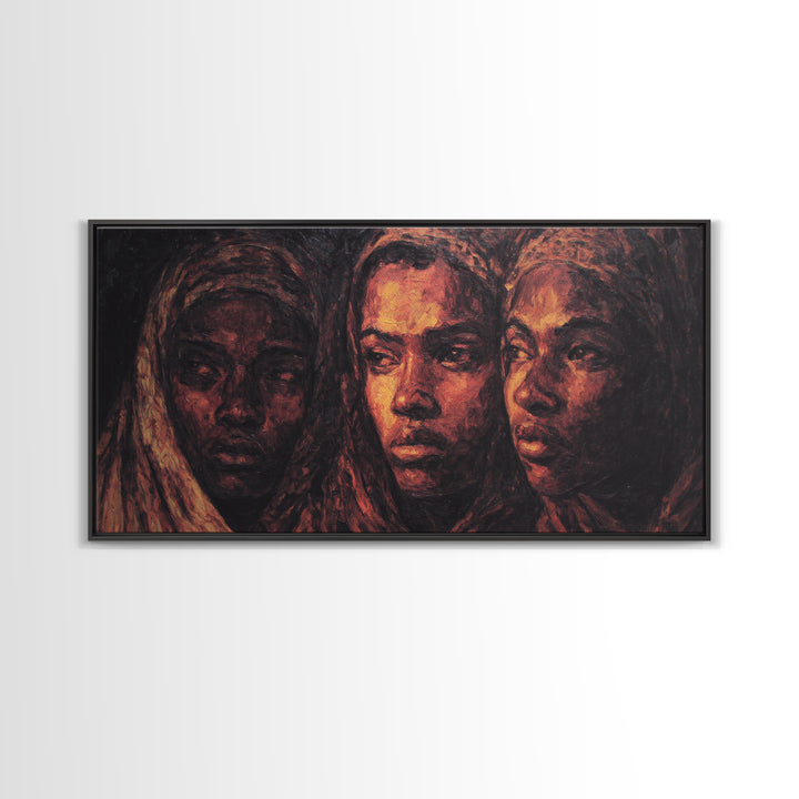 Three African Women Portrait Wall Art, Black Female Art, Afrocentric Decor, Burnt Orange Canvas, Elegant Cultural Home Decor Gift