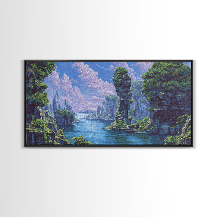 Serene Blue River Cliffs Framed Canvas Print, African Landscape, Nature Scene Art, Dreamy Wall Art For Elegant Home Decor