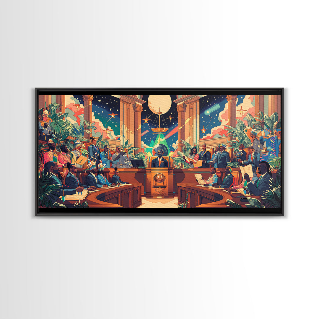 Afrofuturist Galactic Council Chamber Wall Art, African American Art Print, Colorful Sci Fi Courtroom Decor Poster Gift