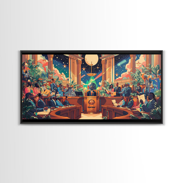 Afrofuturist Galactic Council Chamber Wall Art, African American Art Print, Colorful Sci Fi Courtroom Decor Poster Gift