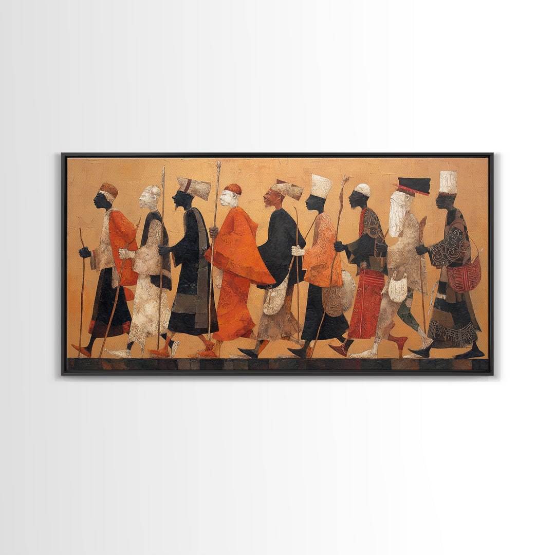 Traditional African Warriors Procession Wall Art, Tribal Culture Art Print, Earth Tone Safari Decor For Home Office Gallery