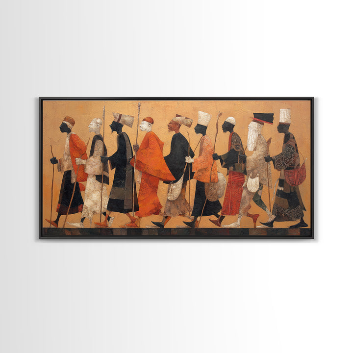 Traditional African Warriors Procession Wall Art, Tribal Culture Art Print, Earth Tone Safari Decor For Home Office Gallery