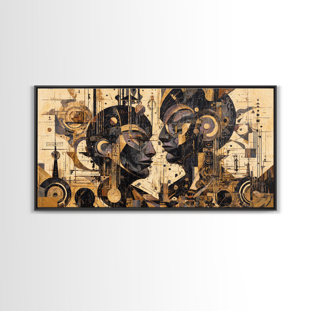 Geometric African Couple Profiles Framed Canvas Print, Abstract Afrocentric Wall Art, Gold Black Modern Cubism Decor Gift