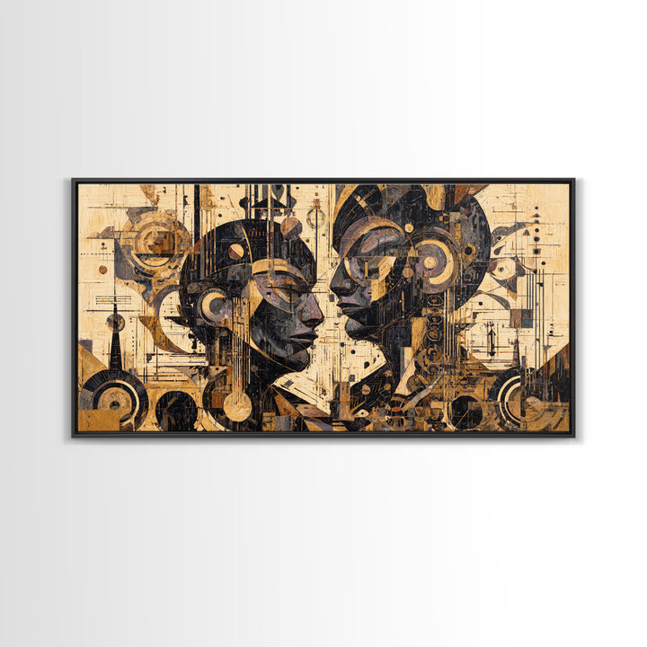 Geometric African Couple Profiles Framed Canvas Print, Abstract Afrocentric Wall Art, Gold Black Modern Cubism Decor Gift