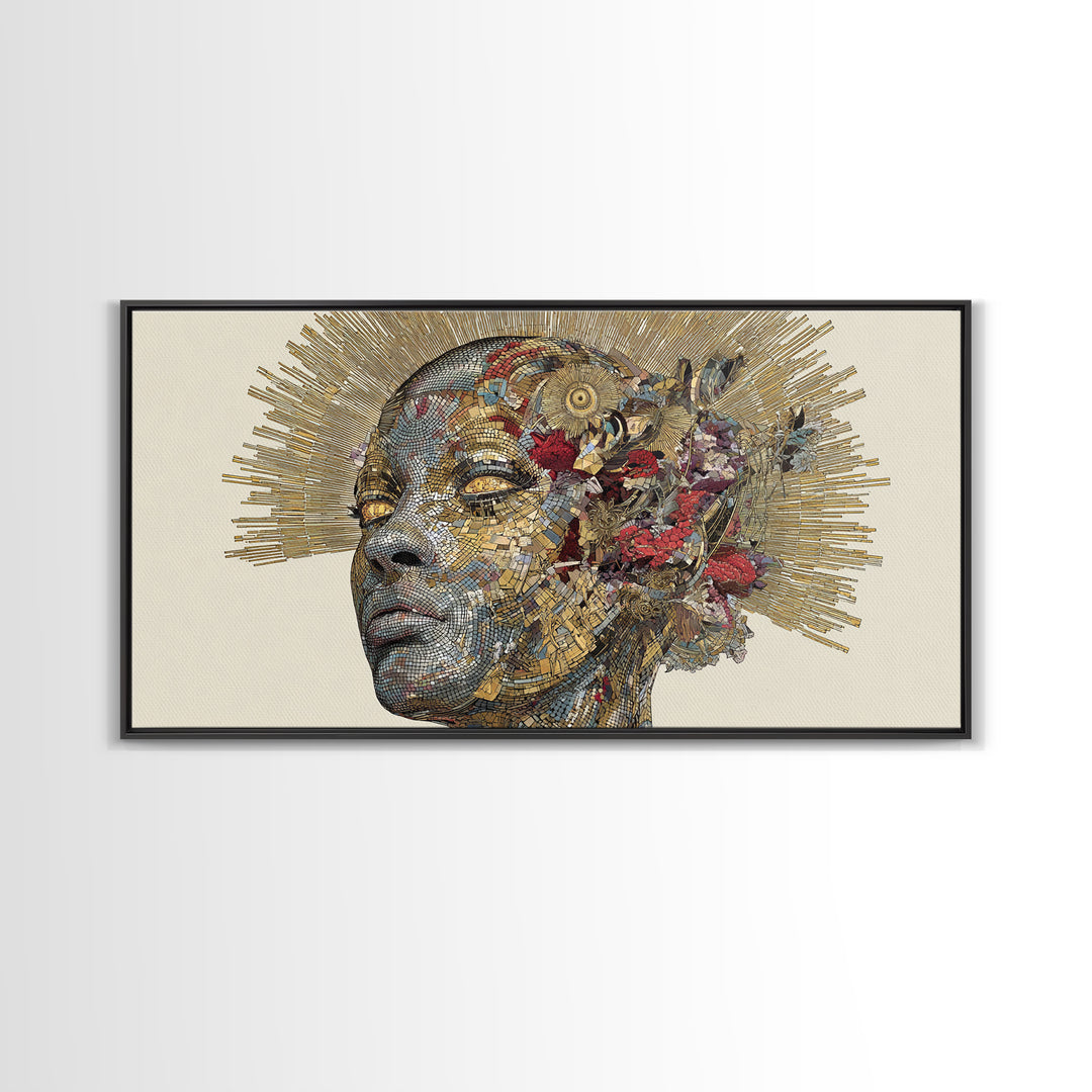 Black Woman Golden Halo Portrait Canvas Print, Mosaic Floral African Beauty Wall Art, Elegant Feminine Home Decor Gift Print